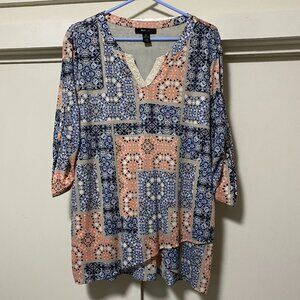 Style & Co. 3/4 length sleeve, navy & peach patchwork, tunic, size XL